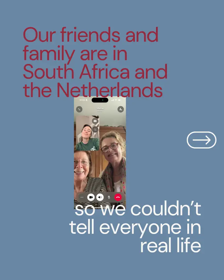 Carousel slide 3: our friends and family are in South Africa and the Netherlands, so we couldn't tell everyone in real life. A group video call.